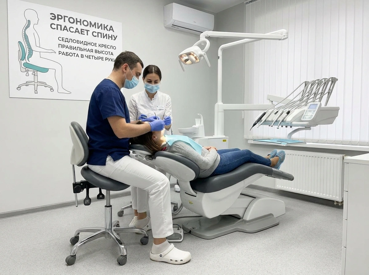 Рабочая поза стоматолога при работе сидя в четыре руки с ассистентом